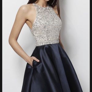JVN Navy embellished bodice Sleeveless short dress